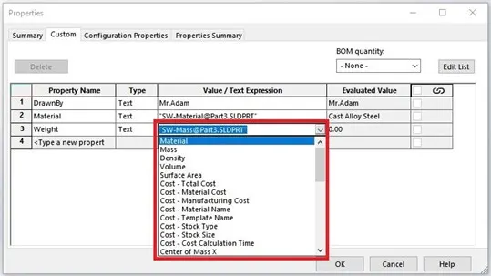 Custom in SOLIDWORKS