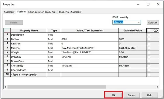 Custom in SOLIDWORKS