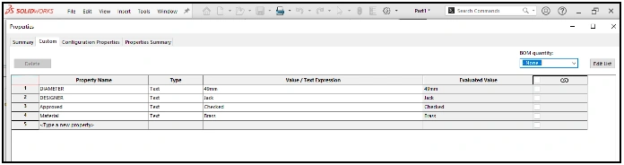 File Properties Menu - SOLIDWORKS