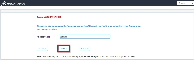 validation code & click the option NEXT - SOLIDWORKS